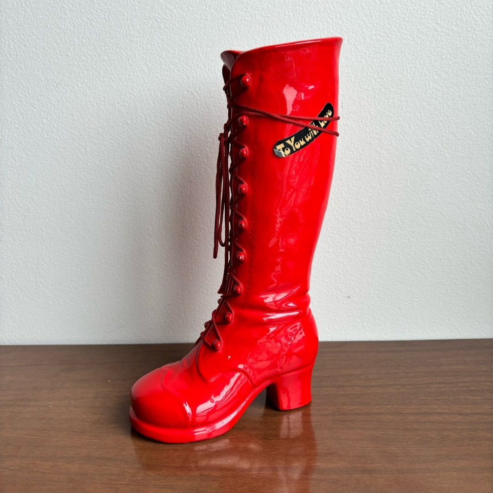 Funky Vintage Ceramic Tall Shiny Red Platform Heel Boot Coin Bank